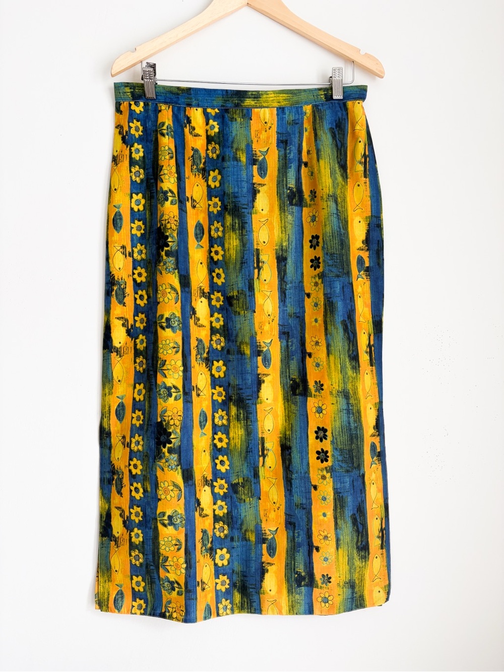 Vintage AGMIR Fish & Floral Print Maxi Skirt, Size L (32” W) – Made in Europe